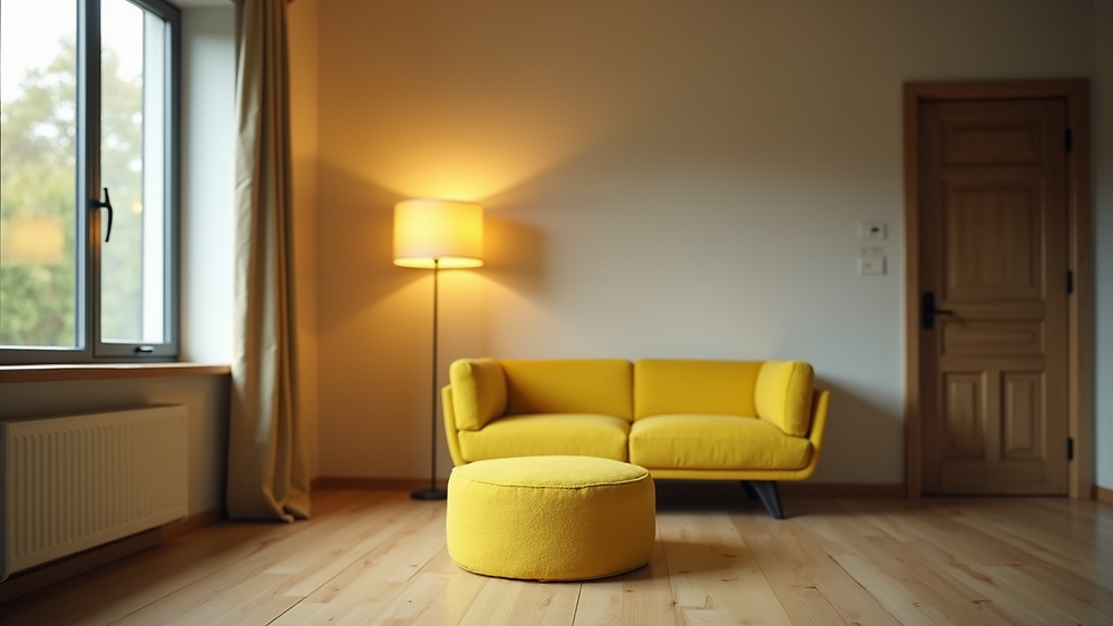 Close-up van een gele accentmuur in een modern interieur