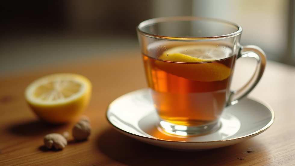 Close-up view of a cup of ginger tea with lemon