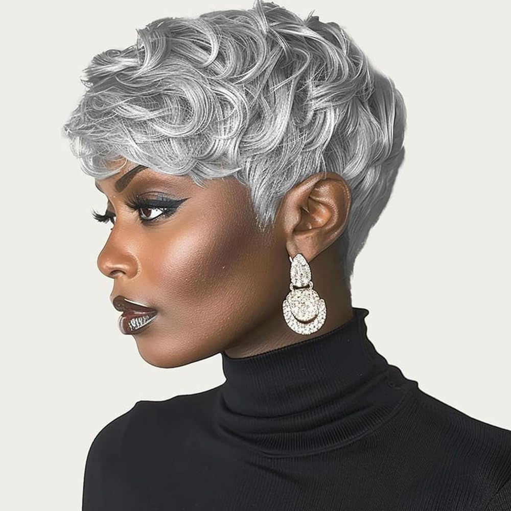 MUJGOO Pixie Grey Wigs for Black Women Short Wigs for Black Women Short Curly Wi