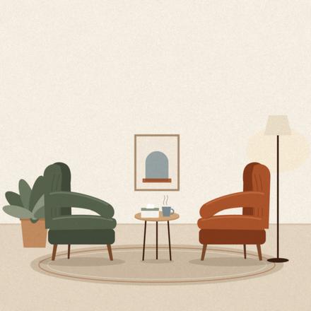 Ilustración de dos sillones enfrentados en un consultorio