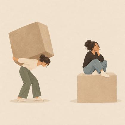 Ilustración de una mujer cargando una caja pesada en la espalda y, al lado, sentada tranquila sobre ella
