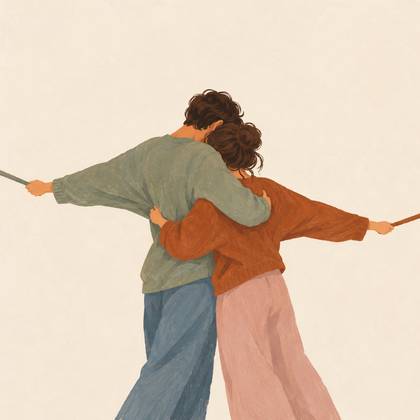 Ilustración de una pareja abrazada mientras cada uno tira de una cuerda hacia lados opuestos