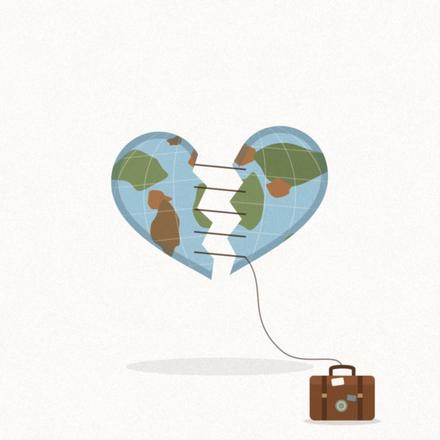 Ilustración de un corazón con forma de mapa del mundo, partido y cosido, con una valija