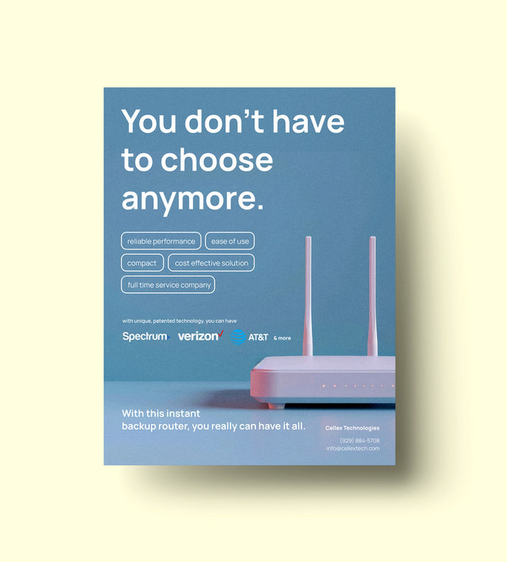 print advertisement, cellex technologies, graphic design, wifi router
