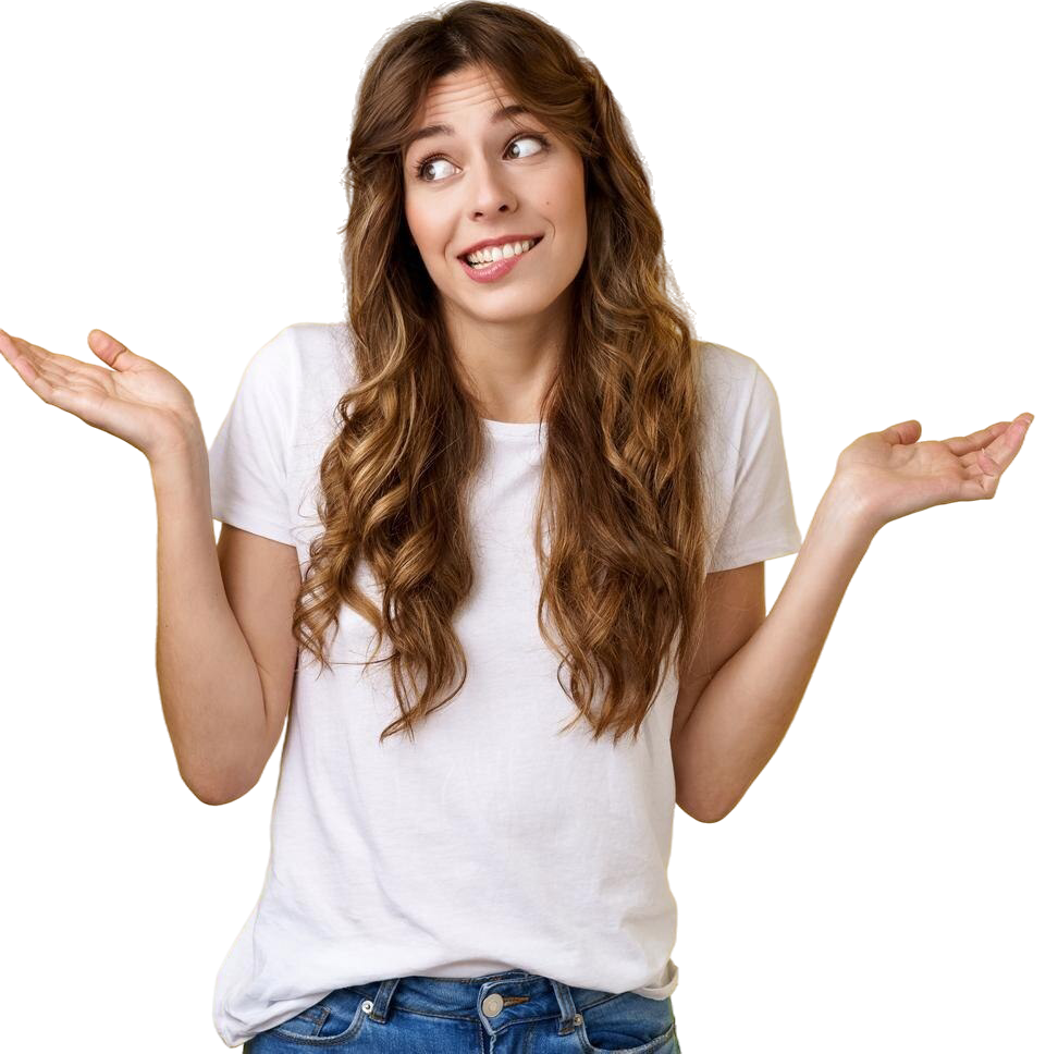 Woman with long hair in a white shirt shrugs, appearing confused or uncertain. Her expression suggests questioning or indecision.