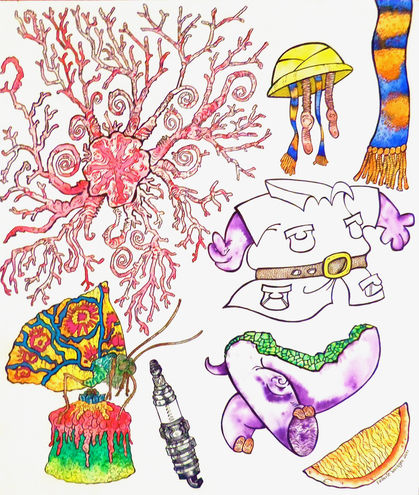 Watercolor painting by Franzie Weldgen. In the upper left corner of the piece is a pink-colored sea basket. Right below the sea basket is a psychedelic-colored butterfly perched upon a tri-colored dessert morsel. To the right of these objects is a spark plug, an orange rind, a blue and orange scarf, and a figure inspired by the cartoon character Peter Potamus, but instead of a head, he has a safari hat with worms hanging down. 