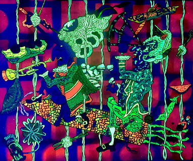 An acrylic painting by Franzie Weldgen of two men sitting on a rocket was taken under blacklight. The man on the left has a large nose, squinted eyes, and an upturned frown. He is wearing a large white wig made of spaghetti, a green and orange lace trim jacket, purple pants, white socks, black buckle shoes, and a basket strapped to his back with jam sandwiches filling up the back. He is holding a trumpet, and his stomach is spilling from over his purple pants. The man on the right also has a similar nose and a large white wig made of macaroni. He has bucked teeth and is holding with his detached hand a mariner’s compass pointed towards his eye. He is wearing a green jacket with yellow stripes, a white lace trim, a blue undershirt, neon green pants, white socks, and black buckle shoes. In his other hand, he is holding a jam sandwich, and sausages spill from his oversized pocket. All around the painting are various objects such as an open face sub sandwich, a geometric tool, a pita pocket, a meatball, a Lego man wearing a Native American headdress, a peace pipe, and a watermelon slice, a fish eating a meatball, chopsticks, and green pepper. The painting is set against a pink background. 