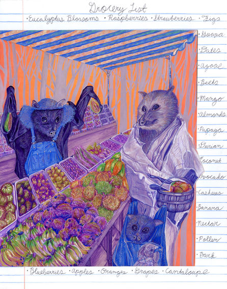 A watercolor illustration of two purple fruit bats buying fruits from a stand run by another purple megabat wearing a farmers hat standing against an orange background by Zazie Weldgen of Rochester New York. 