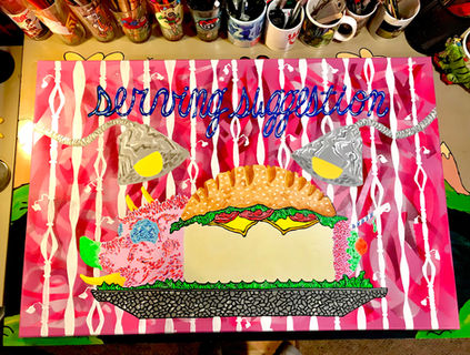 Acrylic painting of pig with accordion embedded on its side in between two pieces of bread on a serving platter under heat lamps with the phrase, "Serving Suggestion," painted in a blue cursive lettering above the pig. The piece is painted in bright psychedelic blacklight reactive colors against a pink background by artist Franzie Weldgen.  A progress photo of the painting back when only the basic colors were blocked in. 