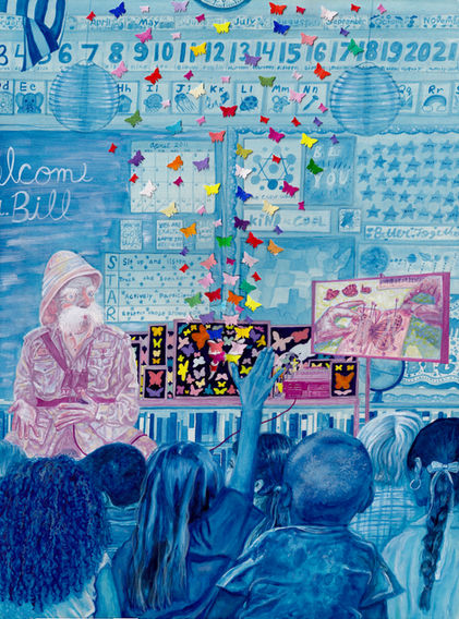 Watercolor illustration of a purple man in a safari suit and a pith hat presenting a collection of butterflies to a group of young students painted in monochromatic blue by Zazie Weldgen of Rochester New York. Entomology, Mark Tansey style. 