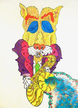Watercolor painting of a light-orange colored cat-like creature with closed blue eyelids, and a large snout, wearing a purple tuxedo jacket, with pink lapels, a white undershirt, and a green tie, playing a saxophone with metallic blue and gold dots flying out from the hole in the saxophone. Painting by Franzie Weldgen. 
