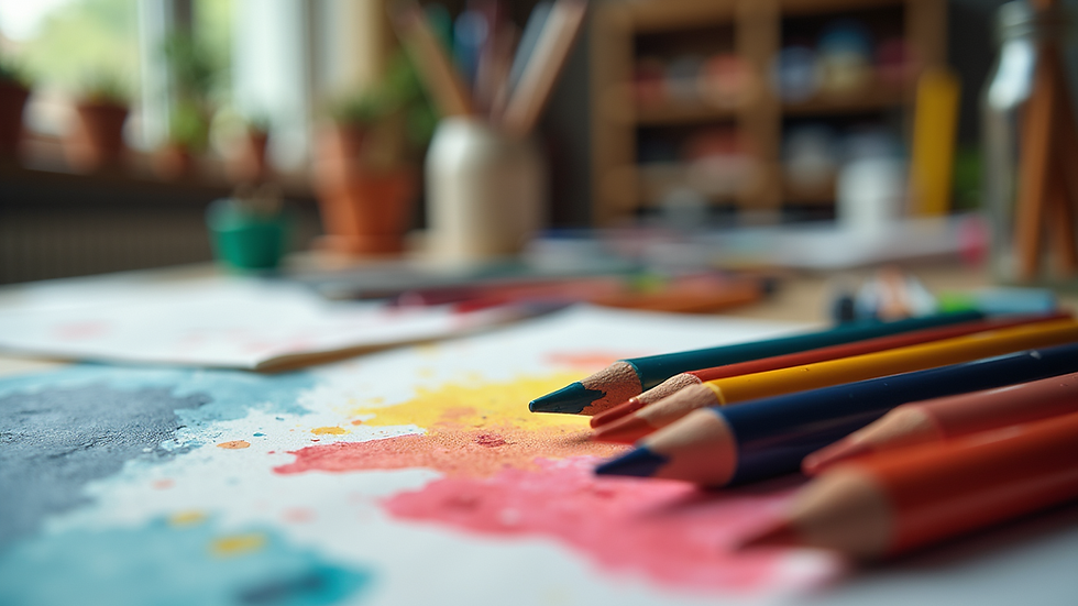 Close-up view of colourful art supplies arranged neatly on a table