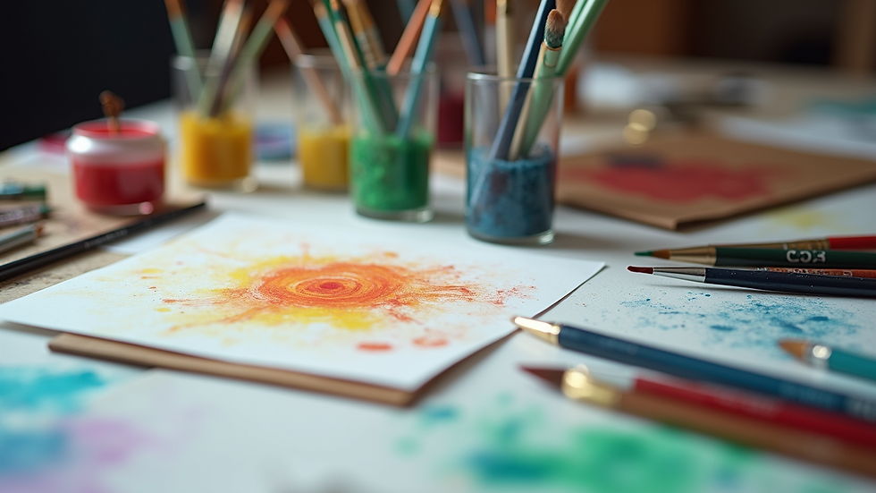 Close-up view of colourful art supplies including brushes, paints, and paper on a table