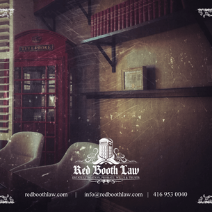 Vintage room with red phone booth, cozy chairs, and law books about Ontario guardianship.