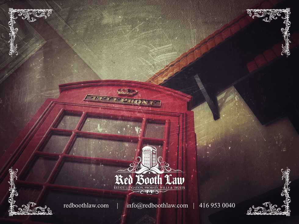 Red telephone booth with books on how to plan an estate on shelf.