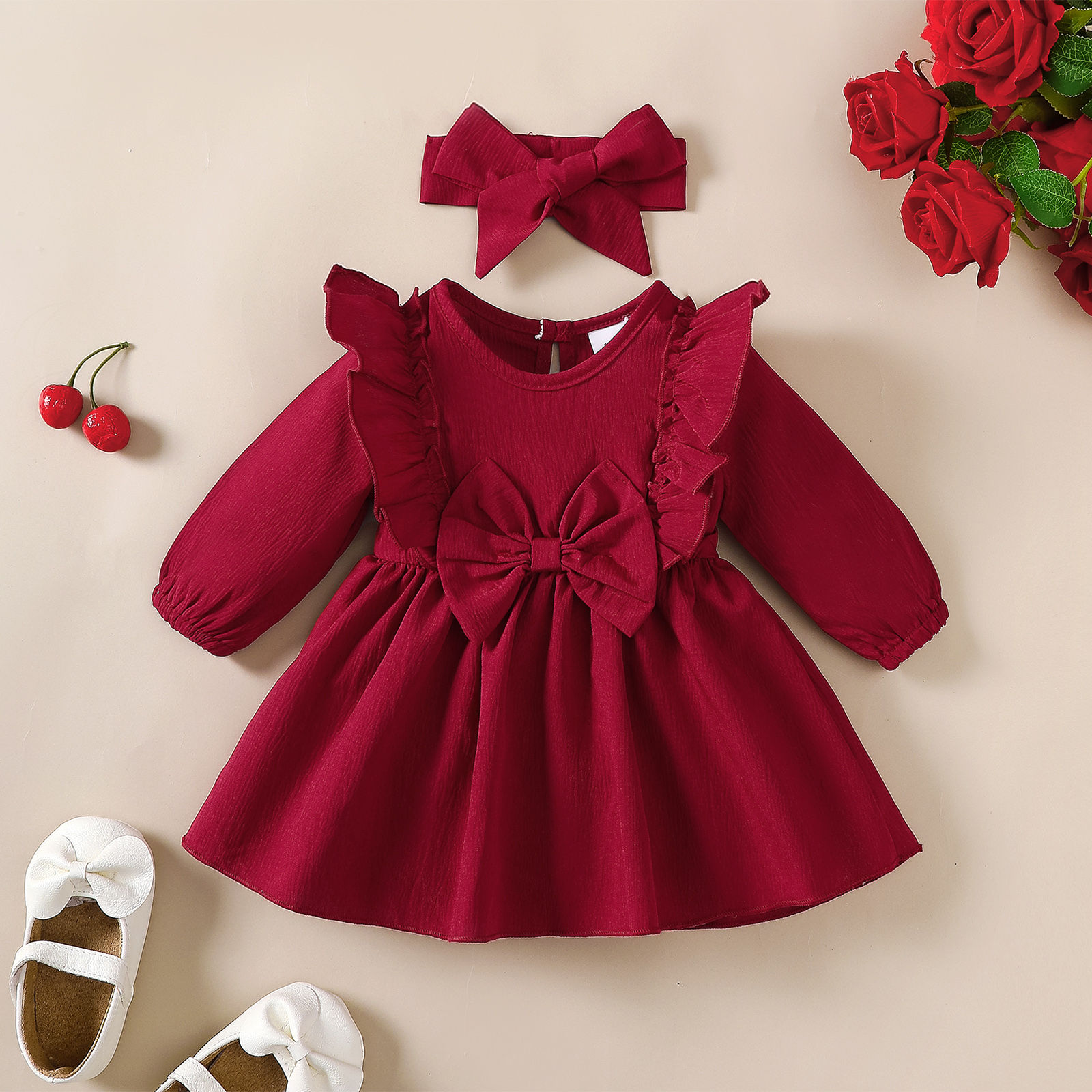 Baby girl Autumn Dress Ruffled Edges and Bow, Long sleeved Dress+Headband for 0-