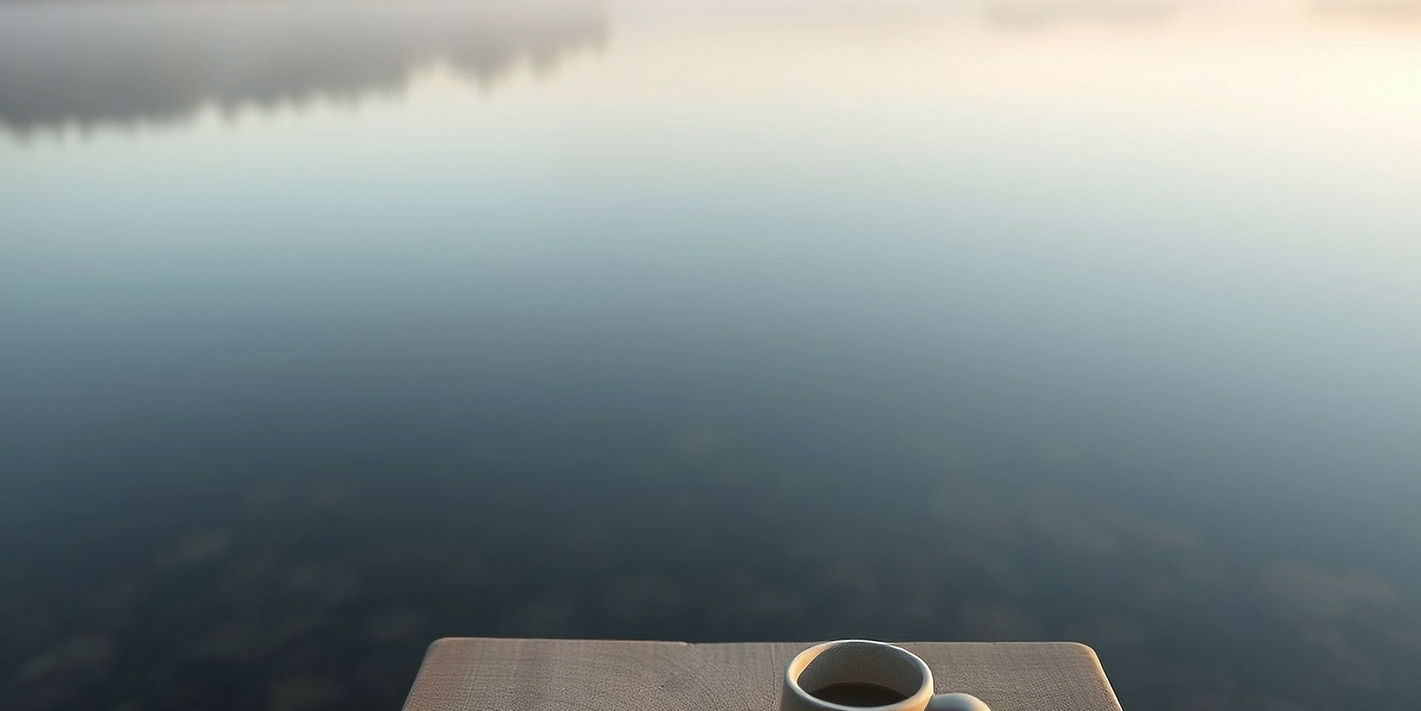 A quiet, early‑morning scene at a perfectly still lake, with soft mist and very gentle lig
