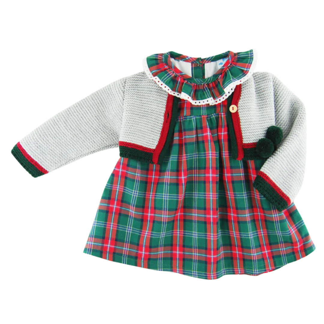 Sardon Baby Girls Knitted Red & Green Gingham print Dress with Grey Cardigan 362