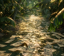 This is an image of a small stream in the amazon rainforest that's full of money