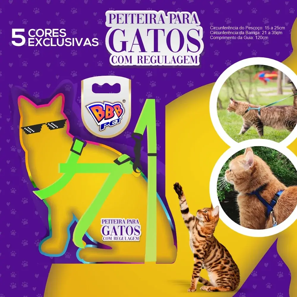 Peiteira para Gatos com Regulagem cor Verde Neon - BBB Pet