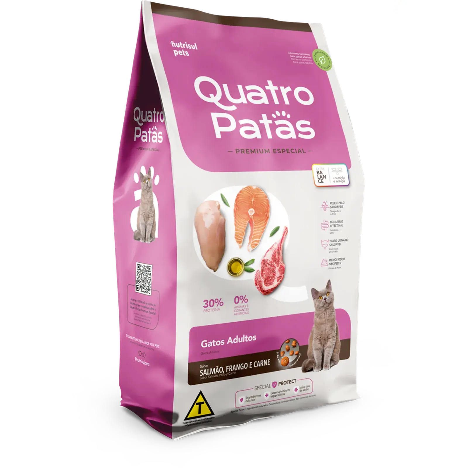 Ração Premium Especial Gatos Adultos sabor Salmão e Carne 3kg - Quatro Patas