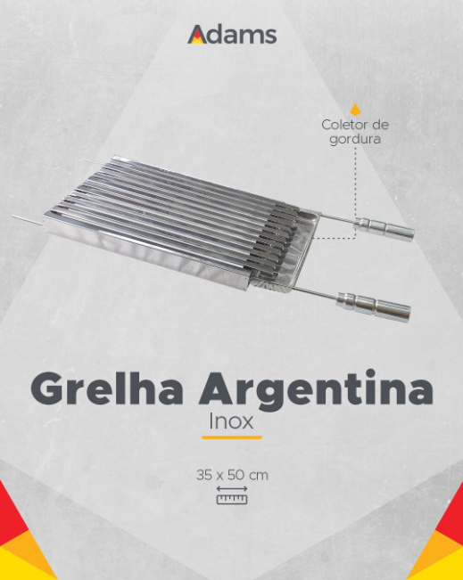 Grelha Inox Churrasco mod. Argentina 35cm x 50cm com coletor de gordura - Adams