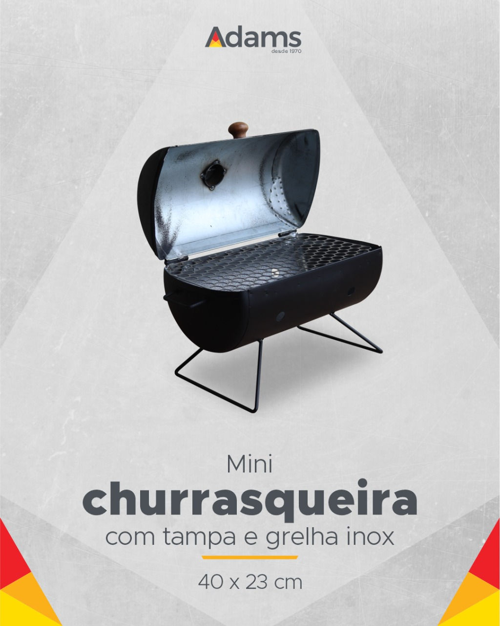 Mini churrasqueira Latão cor Preta com grelha e tampa Inox 40cm x 23cm - Adams
