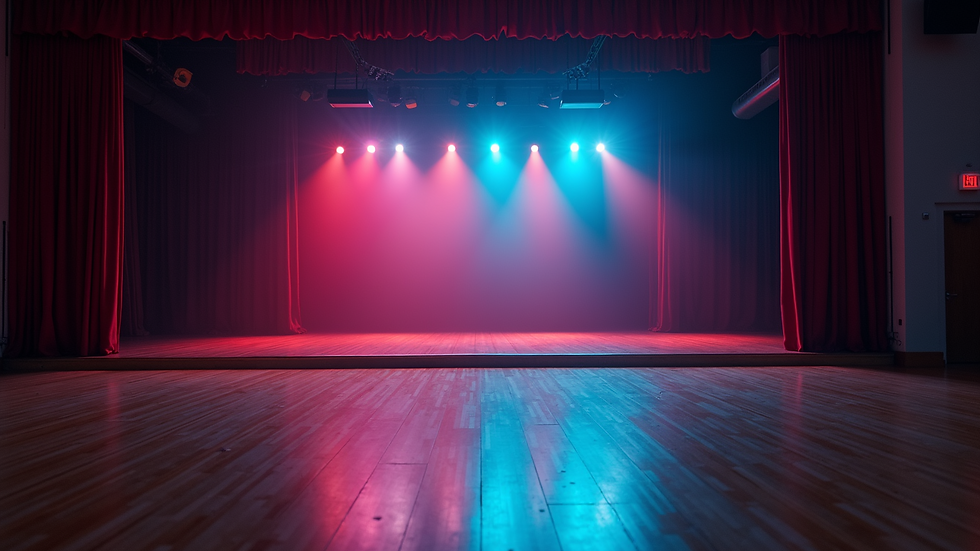 Eye-level view of a high school theatre stage with bright lights and a colorful backdrop