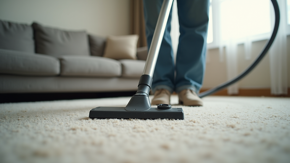 Close-up view of a professional cleaner vacuuming a carpet in a living room