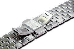 Underside view of JUUK 42mm Brushed Locarno Apple Watch Band showing solid 316L stainless steel butterfly buckle