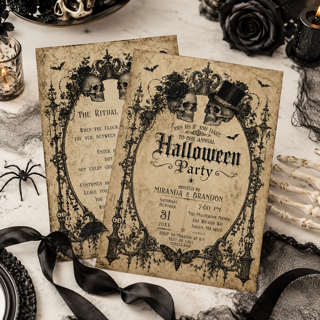 Elegant vintage gothic Halloween party invitation featuring a skull design with dark, Victorian-inspired details and a mysterious antique aesthetic. Gothic Halloween stationery for an adult costume party or an elegant spooky celebration.