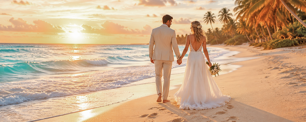 Bride and groom walking hand in hand along a tropical beach at sunset with soft ocean waves, creating a romantic luxury destination wedding scene with stunning coastal views, golden light, and an elegant seaside celebration atmosphere.