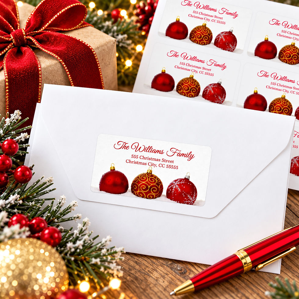 Elegant Christmas address label featuring three red and gold Christmas ornaments, festive red script lettering, and a family name with mailing address, displayed on a white envelope.