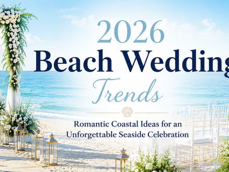 Romantic 2026 beach wedding trends featuring elegant coastal ceremony décor, luxury oceanfront reception tables, Mediterranean beach styling, sunset-inspired wedding colors, and modern seaside wedding inspiration.