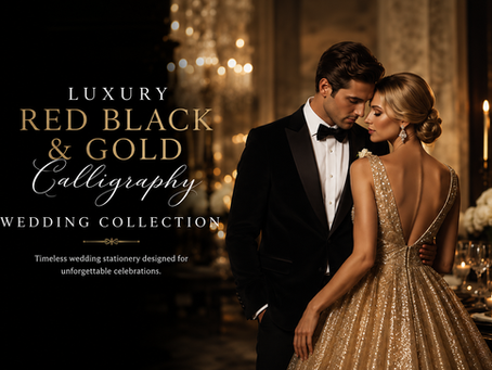 Luxury Red Black and Gold Calligraphy Wedding Collection by Mylini Design featuring elegant wedding invitations, RSVP cards, details cards, save the dates, and coordinating wedding stationery. This sophisticated wedding suite combines rich red, black, and gold accents with timeless calligraphy, creating a romantic and luxurious wedding aesthetic for modern couples planning an unforgettable celebration.