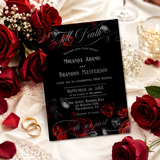 Elegant luxury custom black and red floral wedding invitation featuring romantic red roses, sophisticated black background, and timeless luxury wedding stationery design for formal and upscale weddings.