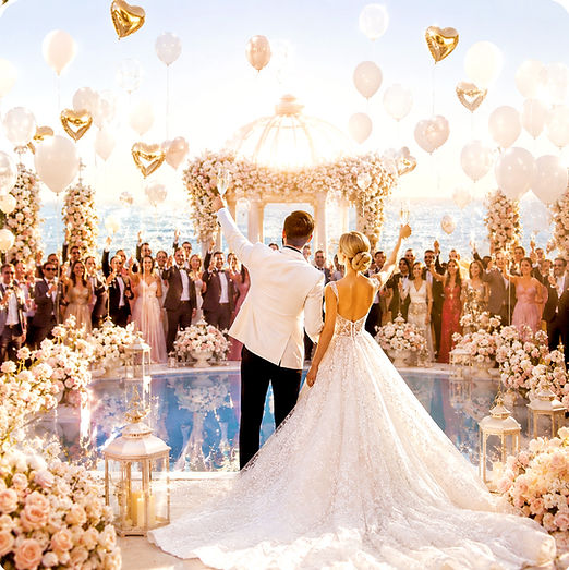 Luxury bride and groom celebrating with family and friends at a dreamy romantic beach wedding venue overlooking the ocean as elegant balloons rise into the sunset sky tropical destination wedding vibes luxury coastal wedding reception emotional wedding celebration seaside wedding inspiration summer beach wedding party romantic oceanfront wedding scene luxury wedding decor and happy wedding guests in a stunning seaside location