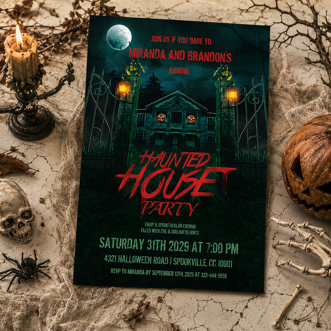 Spooky Halloween party invitation featuring pumpkins, flying bats, a glowing moon and a haunted house. A classic Halloween design for a haunted house party, costume party or spooky October celebration.