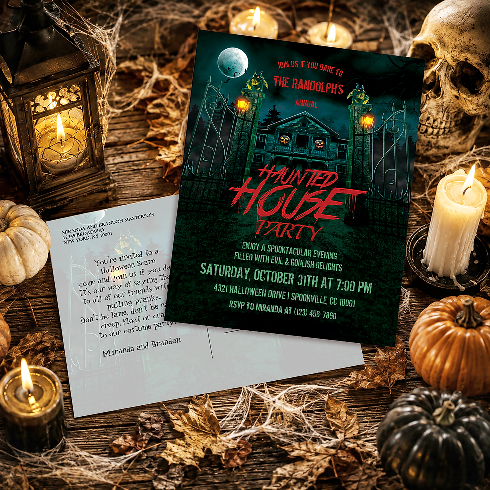 Haunted House Pumpkins Halloween Party Invitation Postcard featuring a spooky haunted mansion and festive pumpkins. A vintage-inspired Halloween design for costume parties, haunted house celebrations and spooky October gatherings.