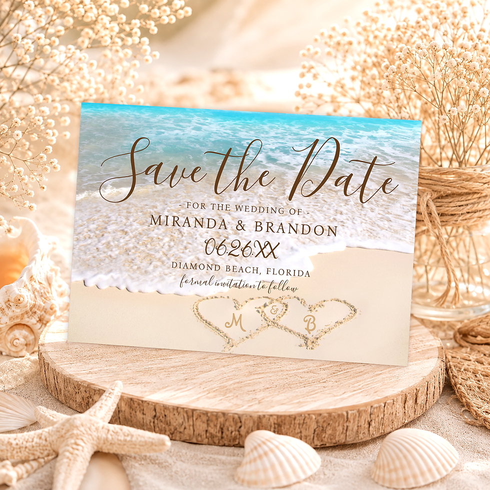 Blue ocean beach wedding Save the Date card styled with seashells, a starfish, and soft neutral florals.
