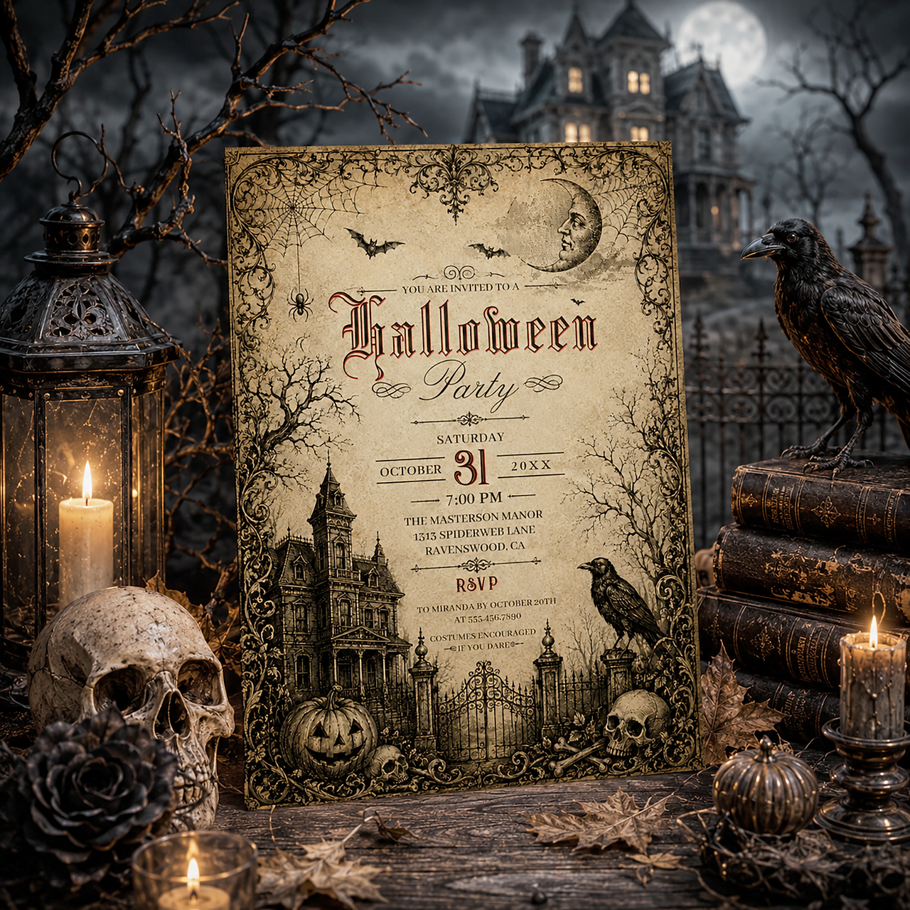 Elegant Gothic Raven Halloween Cocktail Party Invitation featuring a dark Victorian-inspired design for a sophisticated adult Halloween celebration with mysterious gothic elegance.