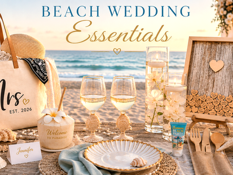 Luxury beach wedding essentials beautifully arranged for a tropical destination wedding featuring elegant coastal decor beach bride accessories personalized wedding stationery and carefully selected details that help couples create an unforgettable oceanfront celebration with timeless summer style.