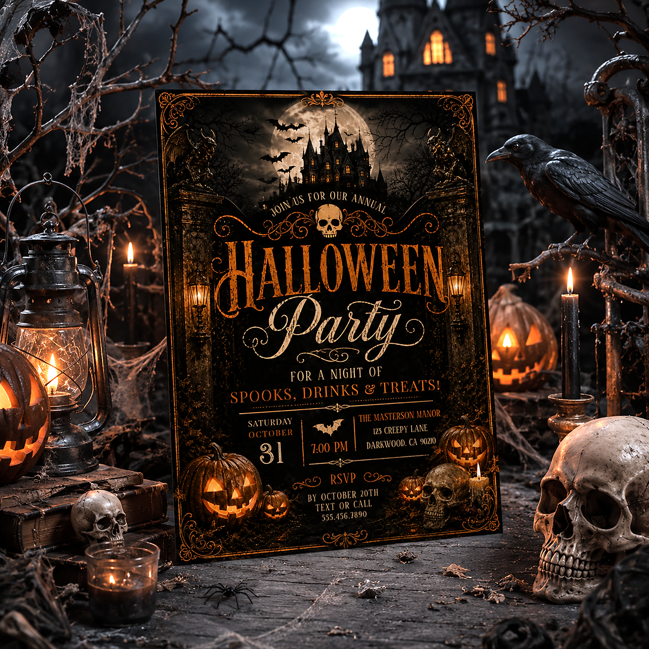 Modern spooky gothic Halloween party invitation featuring a mysterious haunted house and a dark, atmospheric design. Stylish Halloween stationery for a haunted house party, adult costume party or spooky October celebration.