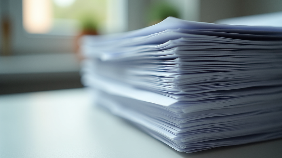 Close-up view of a stack of research papers