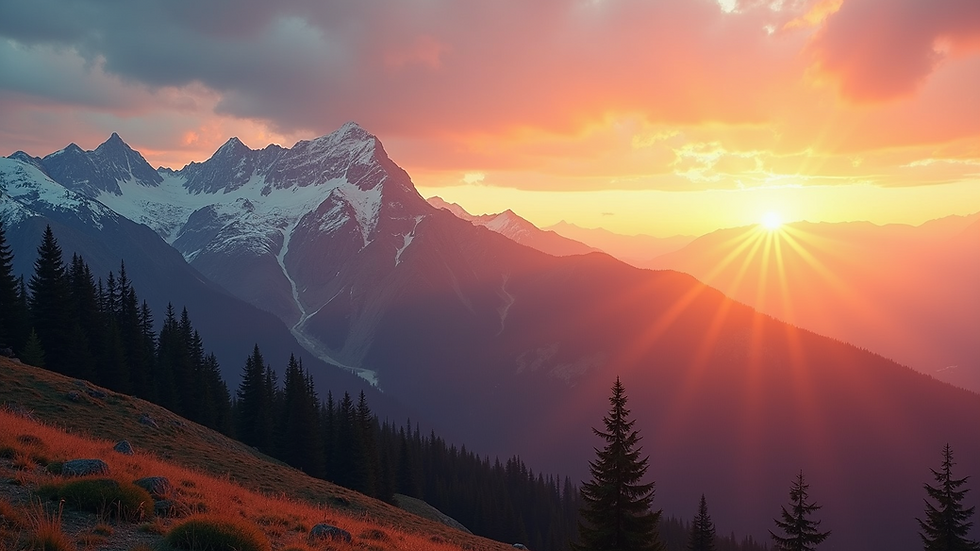 Eye-level view of a breathtaking mountain landscape during sunset