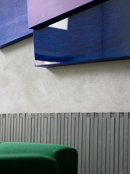 Large-scale custom wooden wall artwork in layered cobalt blue, designed by Studio RENS – specialists in Dutch design and color innovation