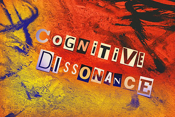 Text "Cognitive Dissonance" in cut-out letters on a vivid red, orange, and yellow textured background, conveying a bold, chaotic mood.