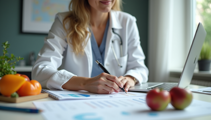 Eye-level view of a clinical nutritional therapist preparing a personalized nutrition plan