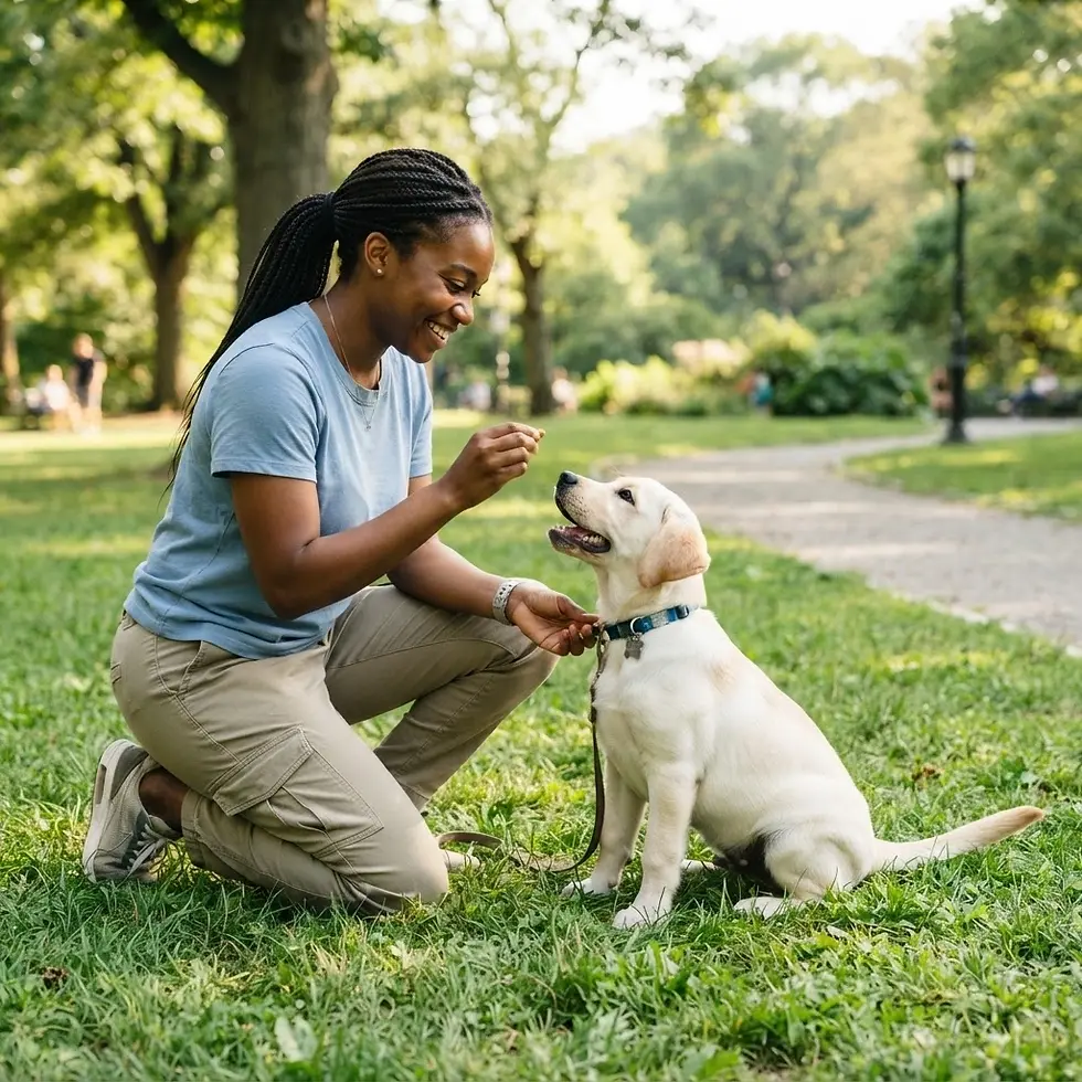 Studio photography, a young woman kneeling on the grass training a golden labrador puppy. Sunny park setting with a joyful, relaxed atmosphere.