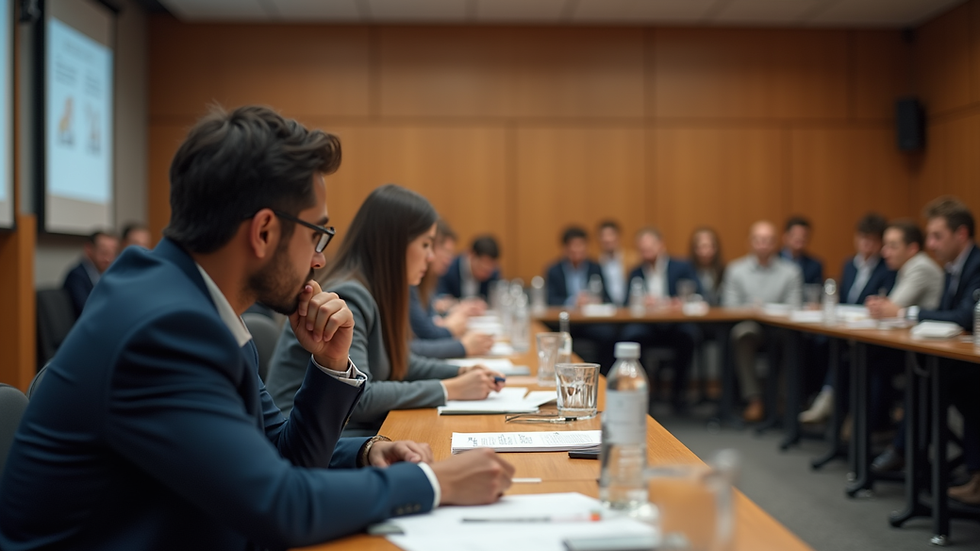 Eye-level view of a seminar room with participants taking notes